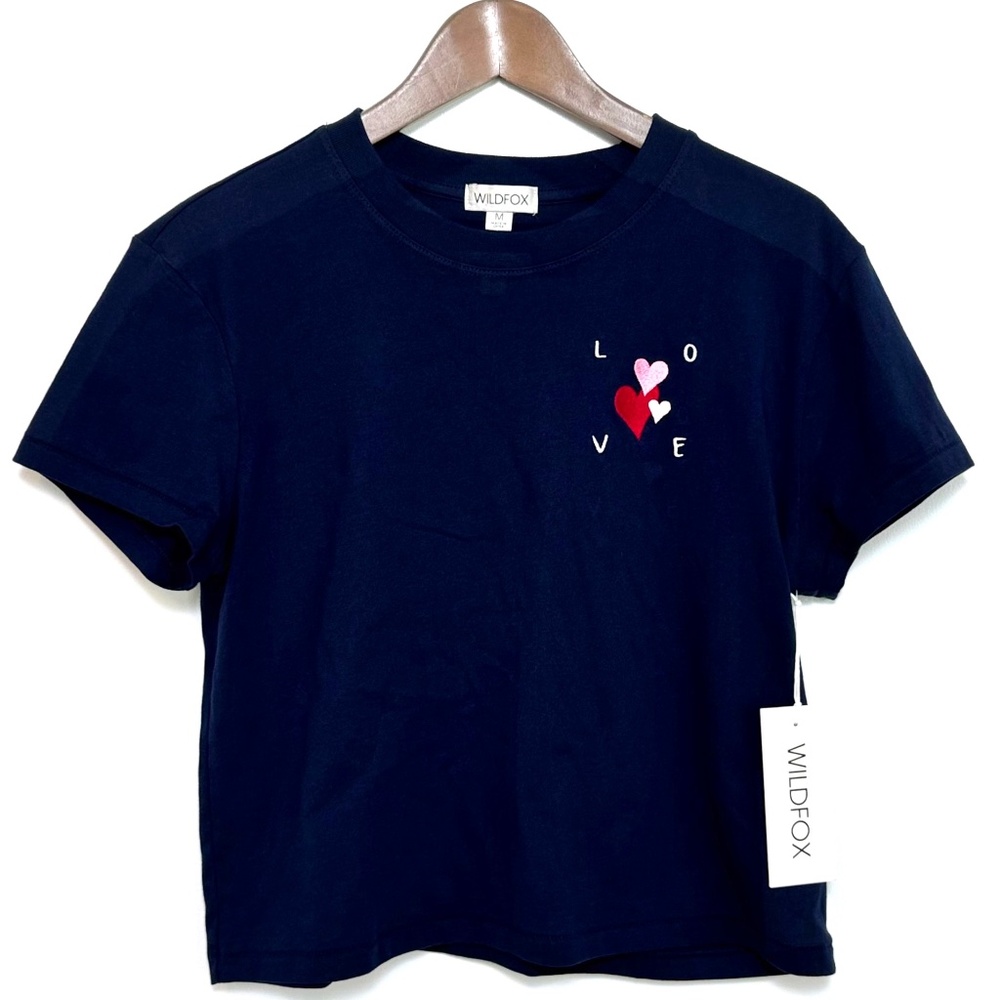 NWT WILDFOX "Love" Jamie Tee, Women's Size M Navy Pink White Embroidered Hearts